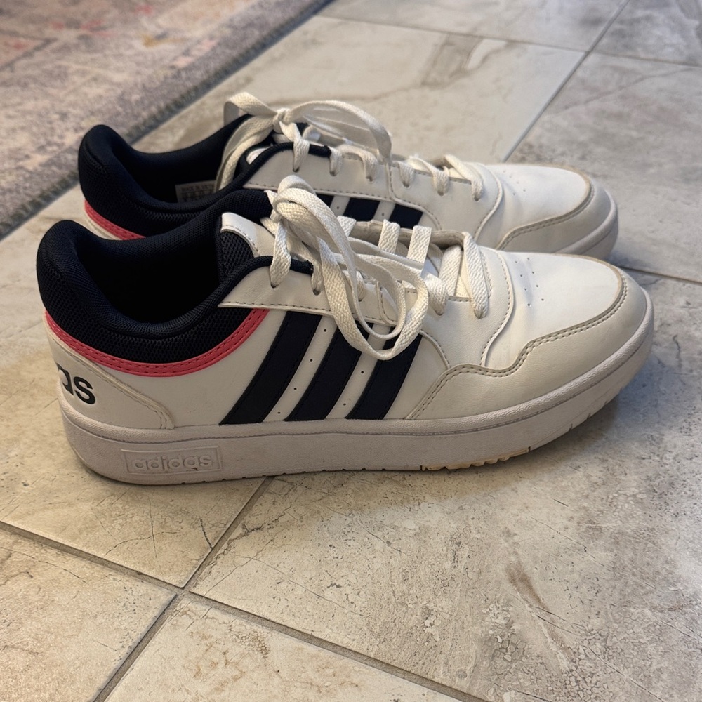 Adidas Women's White and Navy Sneakers with Pink Accents